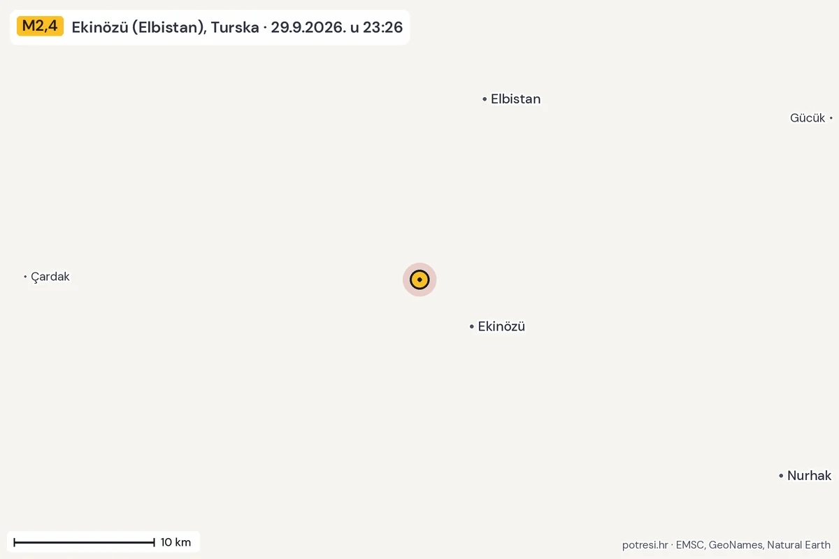 Karta: okolica epicentra, 60 km, potres M2,4, Ekinözü (Elbistan), Turska, 29.9.2026.