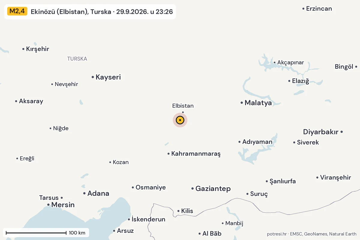 Karta: šire područje, 600 km, potres M2,4, Ekinözü (Elbistan), Turska, 29.9.2026.