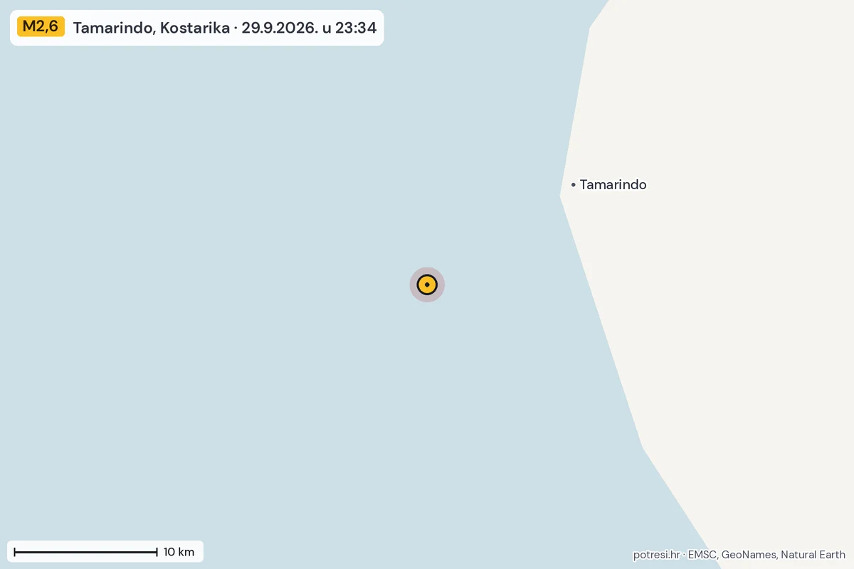 Karta: okolica epicentra, 60 km, potres M2,6, Tamarindo, Kostarika, 29.9.2026.