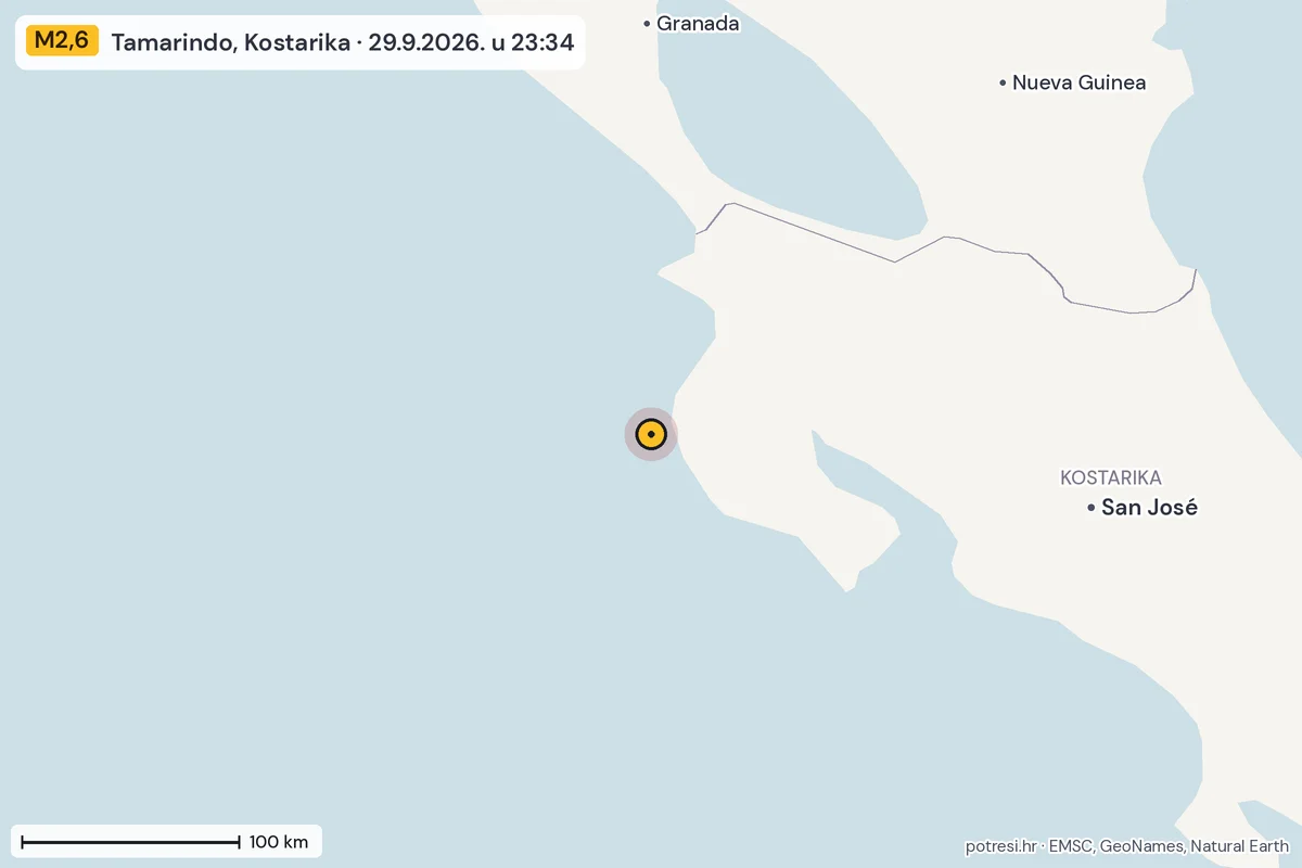 Karta: šire područje, 600 km, potres M2,6, Tamarindo, Kostarika, 29.9.2026.
