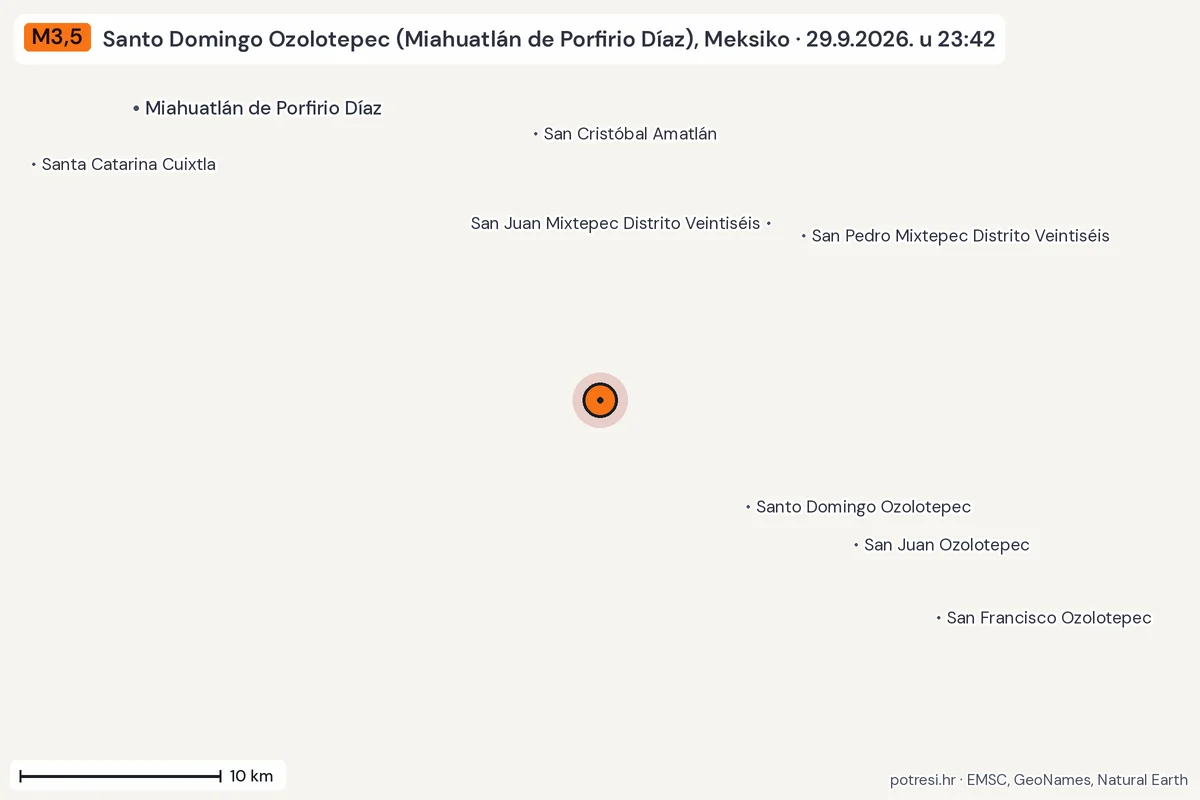 Karta: okolica epicentra, 60 km, potres M3,5, Santo Domingo Ozolotepec (Miahuatlán de Porfirio Díaz), Meksiko, 29.9.2026.