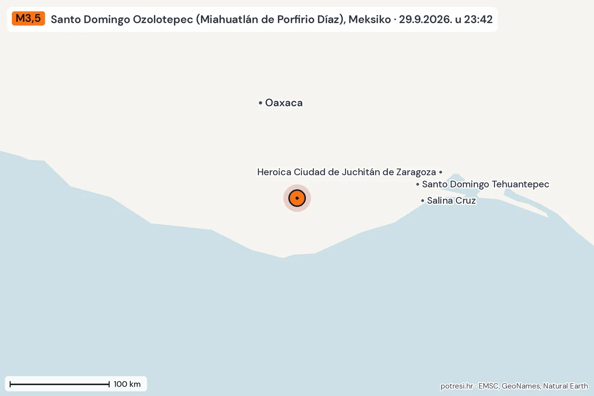 Karta: šire područje, 600 km, potres M3,5, Santo Domingo Ozolotepec (Miahuatlán de Porfirio Díaz), Meksiko, 29.9.2026.