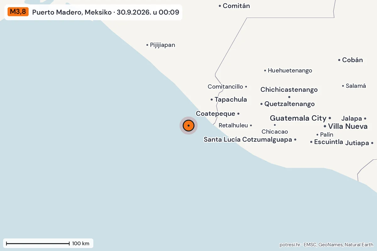 Karta: šire područje, 600 km, potres M3,8, Puerto Madero, Meksiko, 30.9.2026.