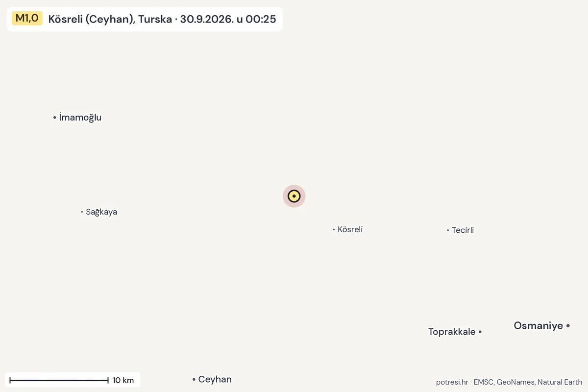 Karta: okolica epicentra, 60 km, potres M1,0, Kösreli (Ceyhan), Turska, 30.9.2026.