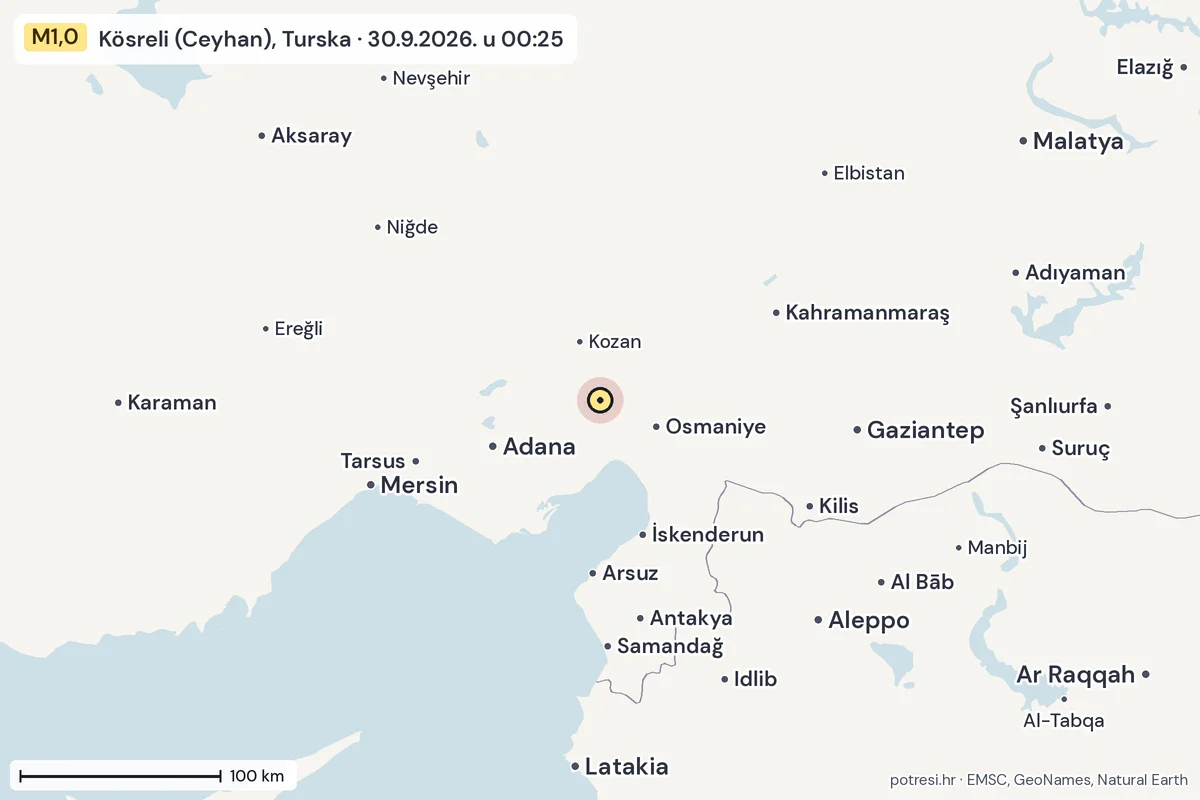 Karta: šire područje, 600 km, potres M1,0, Kösreli (Ceyhan), Turska, 30.9.2026.