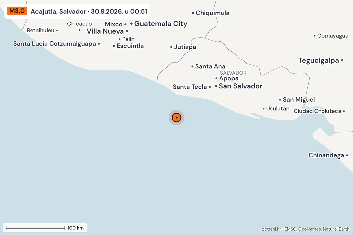 Karta: šire područje, 600 km, potres M3,0, Acajutla, Salvador, 30.9.2026.