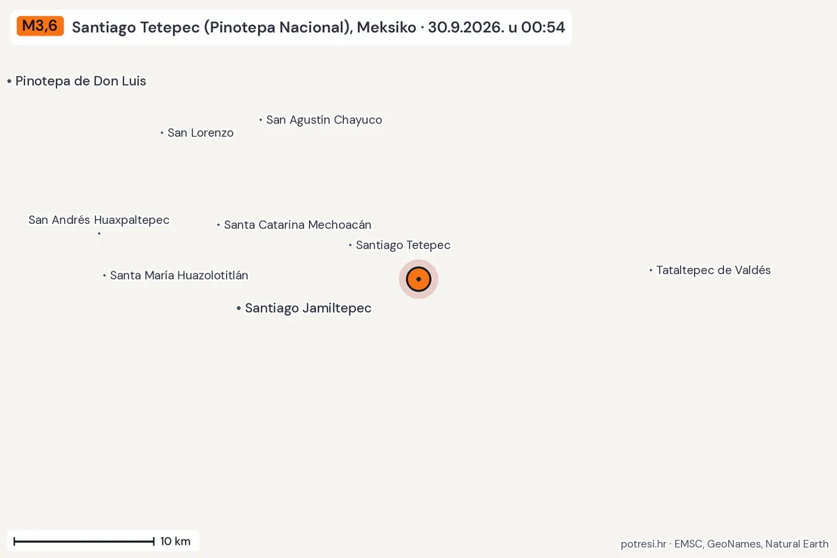Karta: okolica epicentra, 60 km, potres M3,6, Santiago Tetepec (Pinotepa Nacional), Meksiko, 30.9.2026.