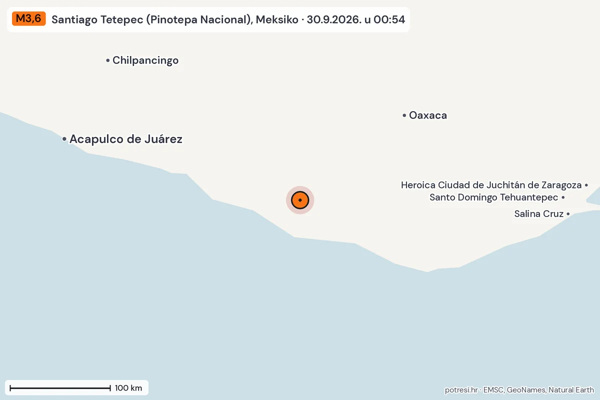 Karta: šire područje, 600 km, potres M3,6, Santiago Tetepec (Pinotepa Nacional), Meksiko, 30.9.2026.