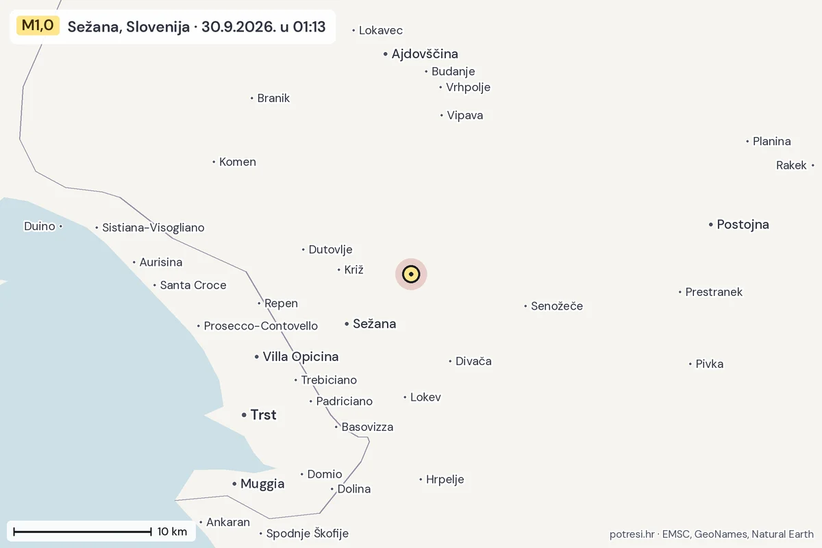 Karta: okolica epicentra, 60 km, potres M1,0, Sežana, Slovenija, 30.9.2026.