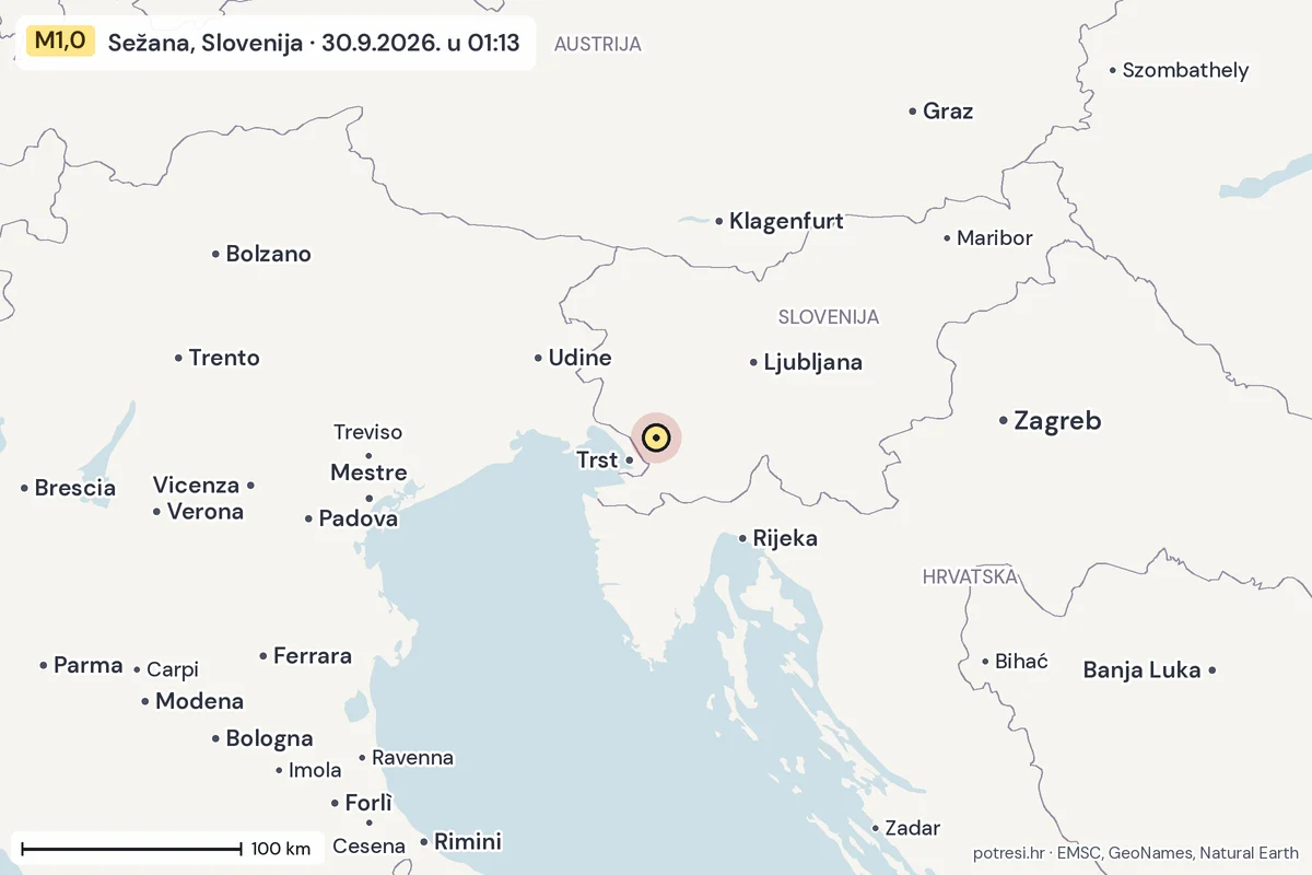 Karta: šire područje, 600 km, potres M1,0, Sežana, Slovenija, 30.9.2026.
