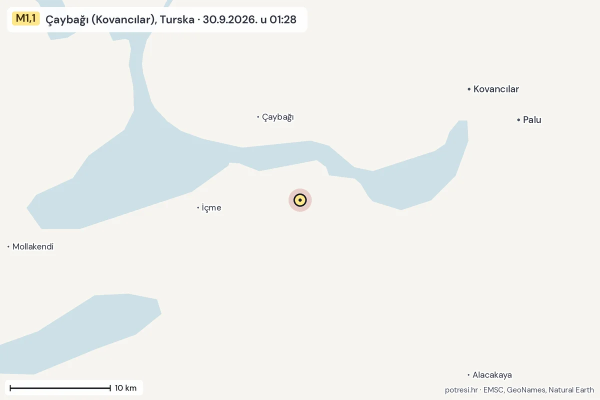 Karta: okolica epicentra, 60 km, potres M1,1, Çaybağı (Kovancılar), Turska, 30.9.2026.