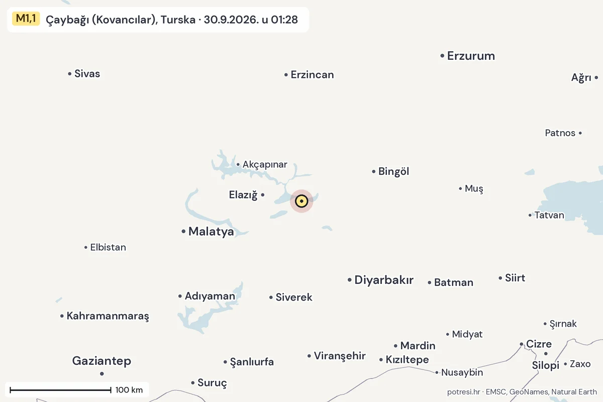 Karta: šire područje, 600 km, potres M1,1, Çaybağı (Kovancılar), Turska, 30.9.2026.