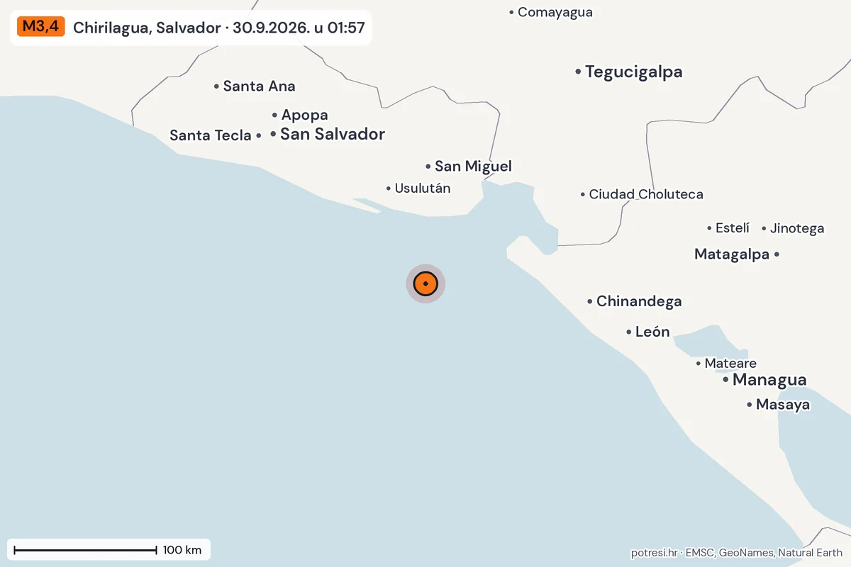 Karta: šire područje, 600 km, potres M3,4, Chirilagua, Salvador, 30.9.2026.