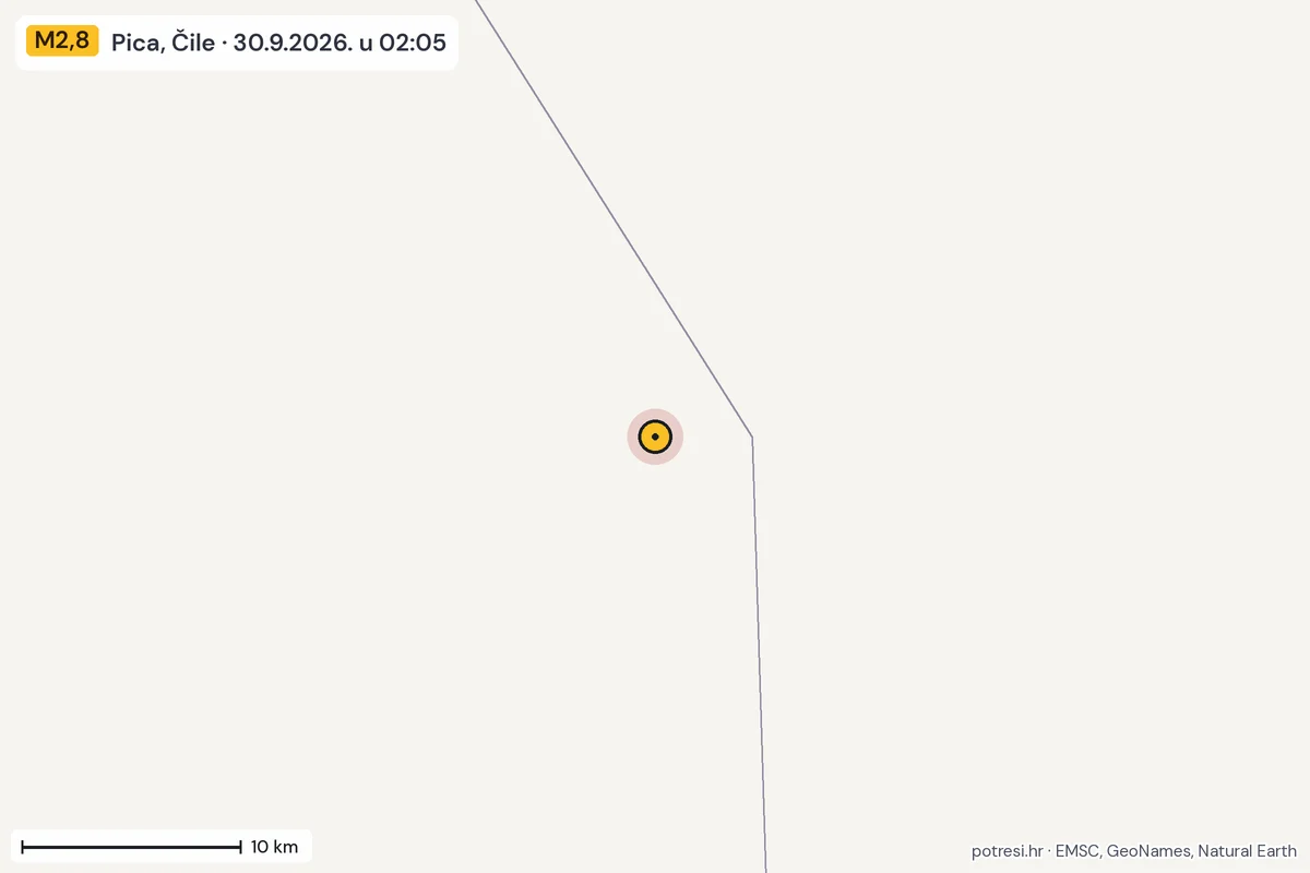 Karta: okolica epicentra, 60 km, potres M2,8, Pica, Čile, 30.9.2026.