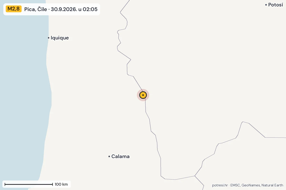 Karta: šire područje, 600 km, potres M2,8, Pica, Čile, 30.9.2026.