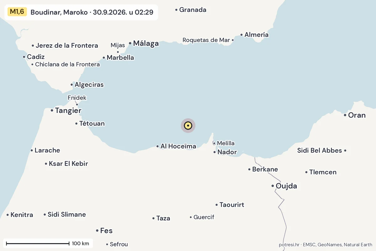 Karta: šire područje, 600 km, potres M1,6, Boudinar, Maroko, 30.9.2026.