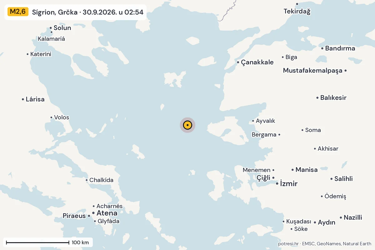 Karta: šire područje, 600 km, potres M2,6, Sígrion, Grčka, 30.9.2026.