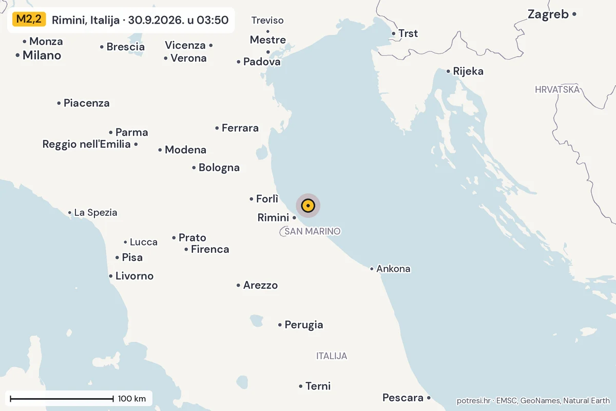 Karta: šire područje, 600 km, potres M2,2, Rimini, Italija, 30.9.2026.