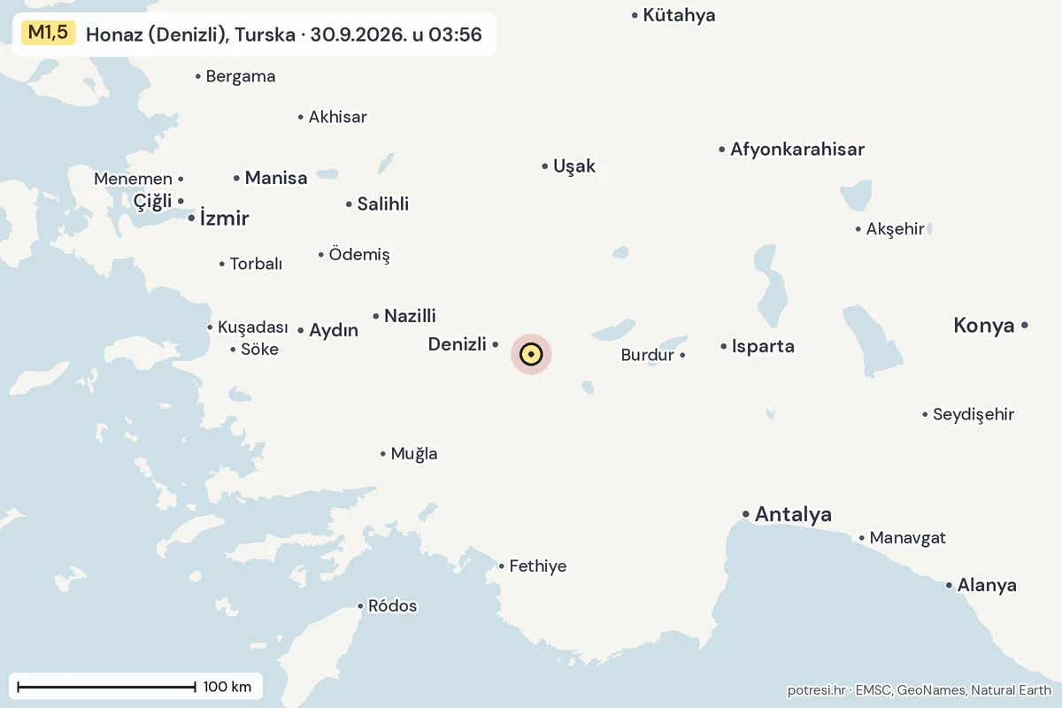 Karta: šire područje, 600 km, potres M1,5, Honaz (Denizli), Turska, 30.9.2026.