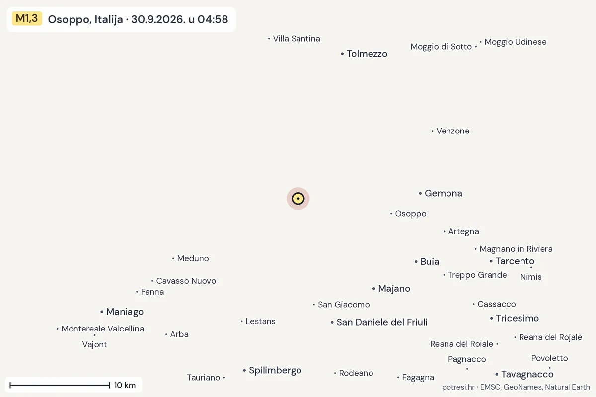 Karta: okolica epicentra, 60 km, potres M1,3, Osoppo, Italija, 30.9.2026.