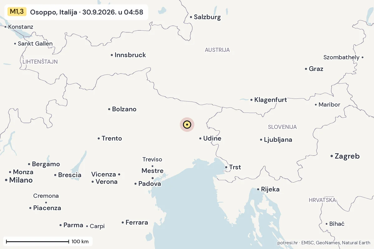 Karta: šire područje, 600 km, potres M1,3, Osoppo, Italija, 30.9.2026.