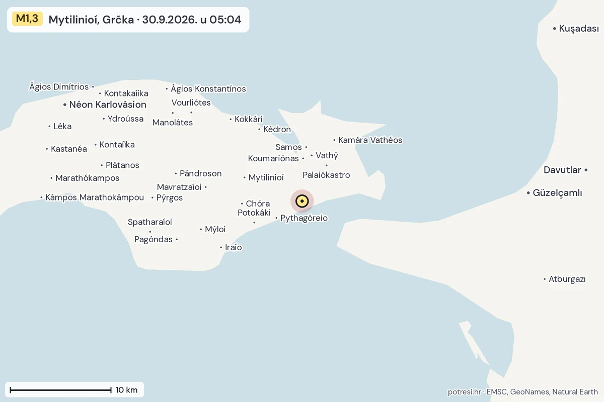 Karta: okolica epicentra, 60 km, potres M1,3, Mytilinioí, Grčka, 30.9.2026.