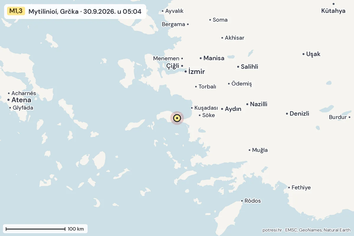 Karta: šire područje, 600 km, potres M1,3, Mytilinioí, Grčka, 30.9.2026.