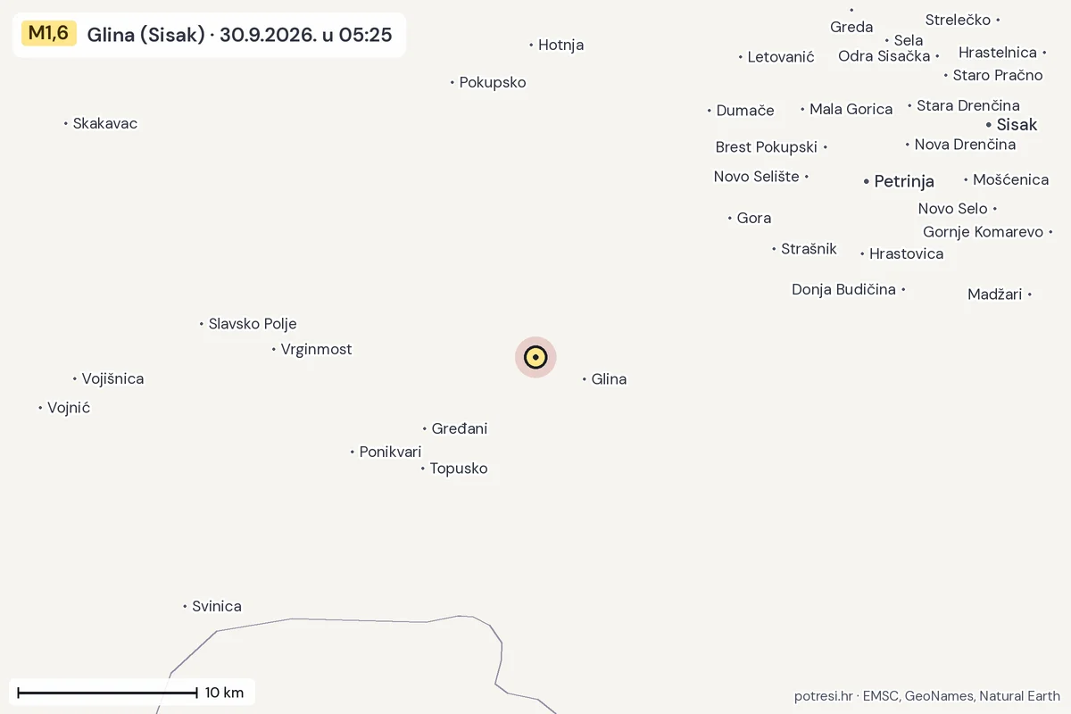 Karta: okolica epicentra, 60 km, potres M1,6, Glina (Sisak), 30.9.2026.