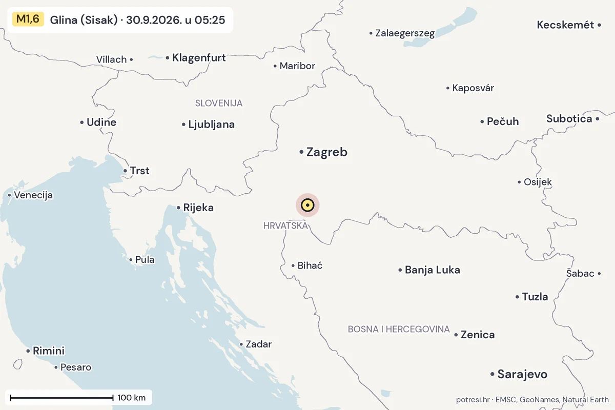 Karta: šire područje, 600 km, potres M1,6, Glina (Sisak), 30.9.2026.