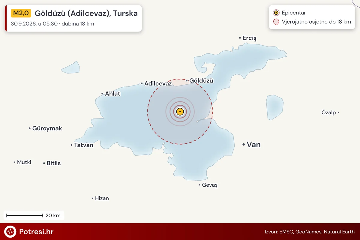 Karta: šire područje i vjerojatni doseg osjeta, potres M2,0, Göldüzü (Adilcevaz), Turska, 30.9.2026.