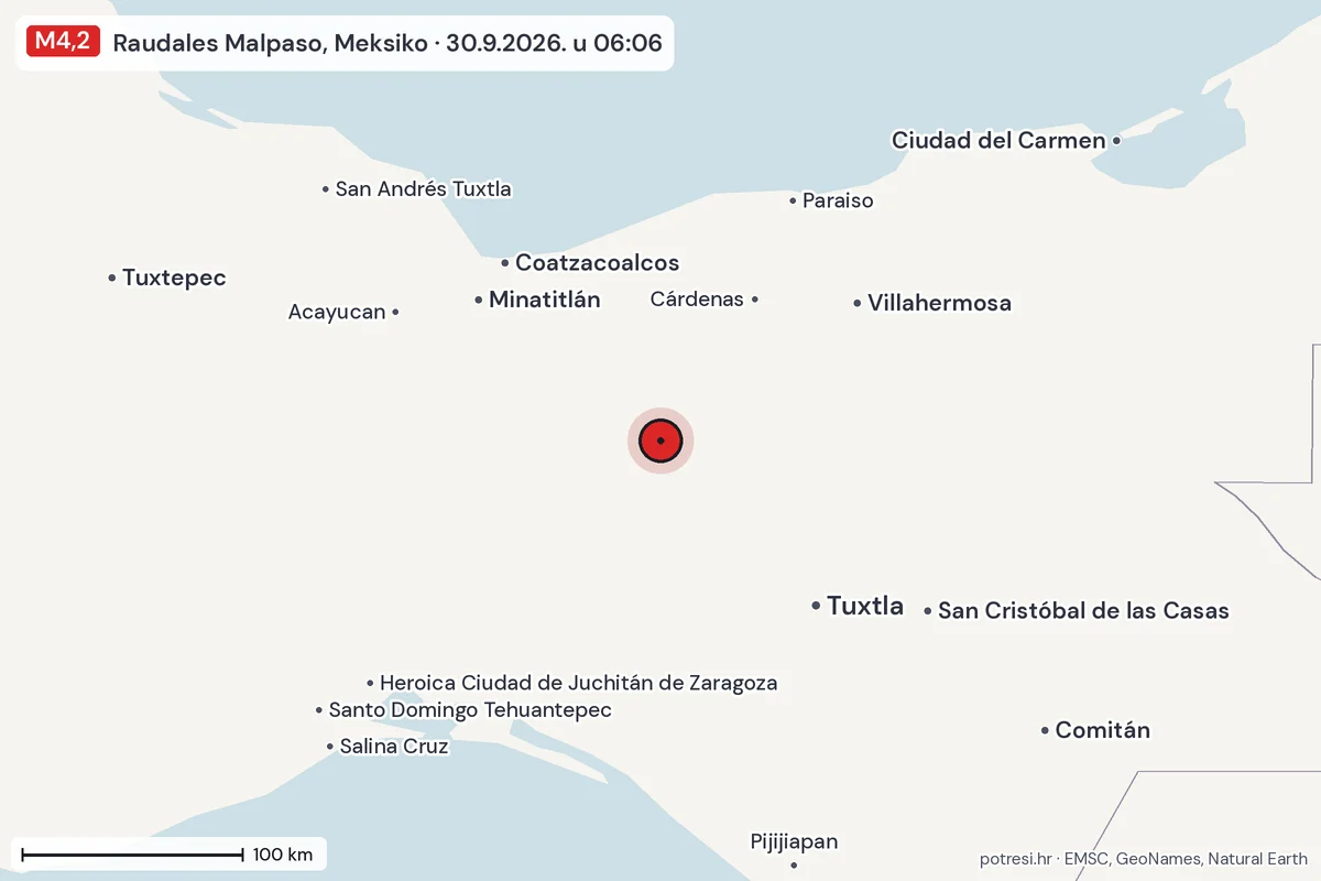 Karta: šire područje, 600 km, potres M4,2, Raudales Malpaso, Meksiko, 30.9.2026.