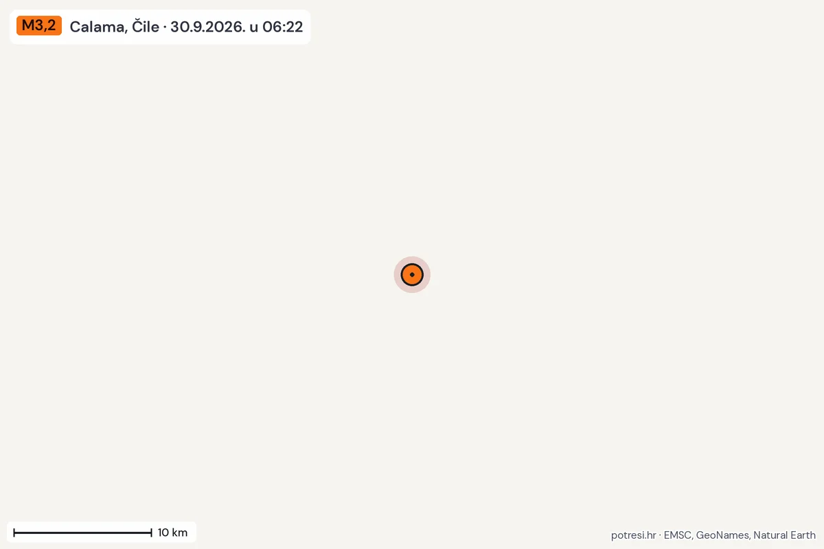 Karta: okolica epicentra, 60 km, potres M3,2, Calama, Čile, 30.9.2026.