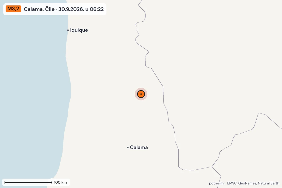 Karta: šire područje, 600 km, potres M3,2, Calama, Čile, 30.9.2026.