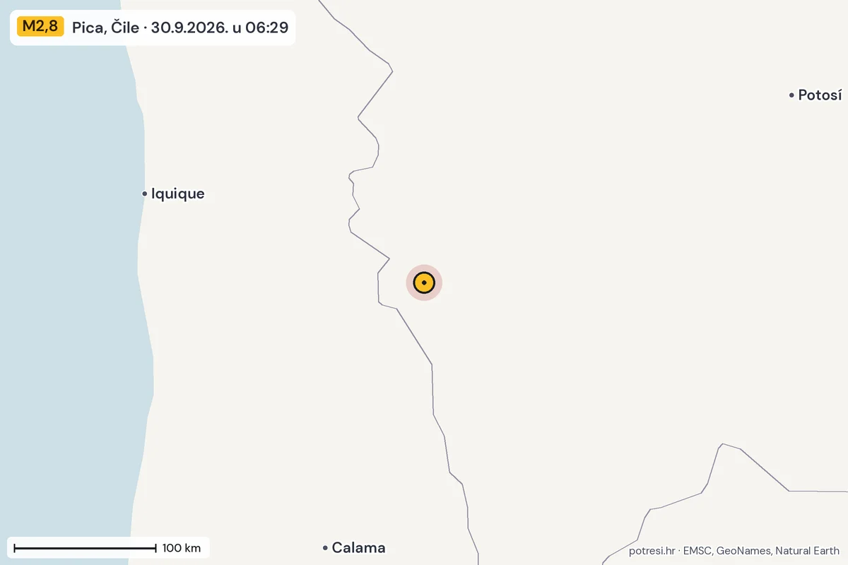 Karta: šire područje, 600 km, potres M2,8, Pica, Čile, 30.9.2026.