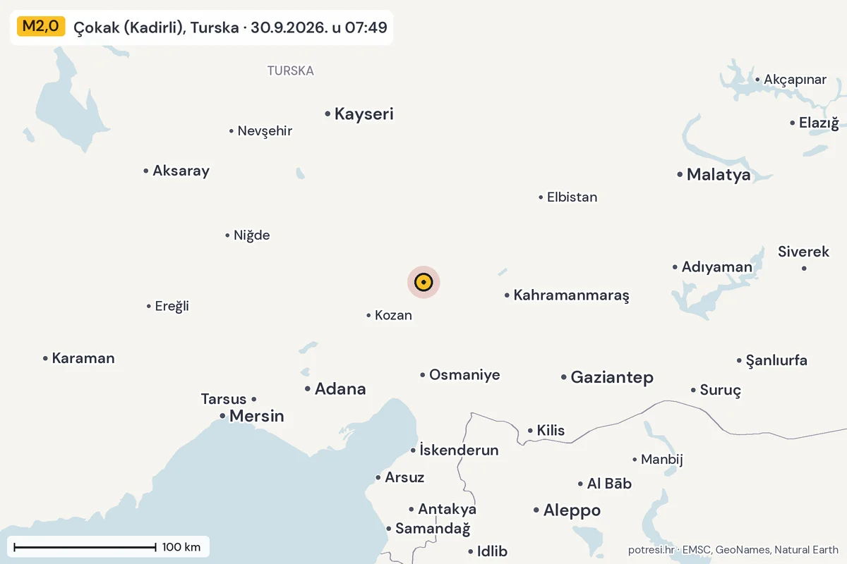 Karta: šire područje, 600 km, potres M2,0, Çokak (Kadirli), Turska, 30.9.2026.