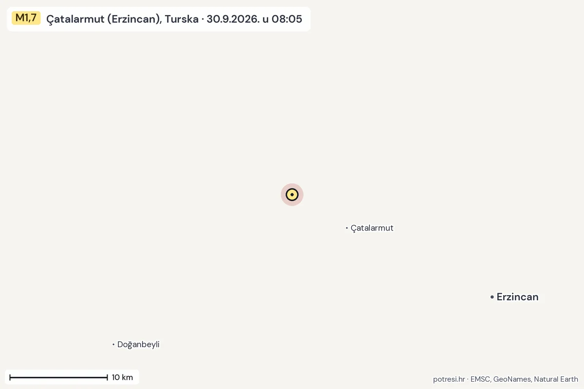 Karta: okolica epicentra, 60 km, potres M1,7, Çatalarmut (Erzincan), Turska, 30.9.2026.