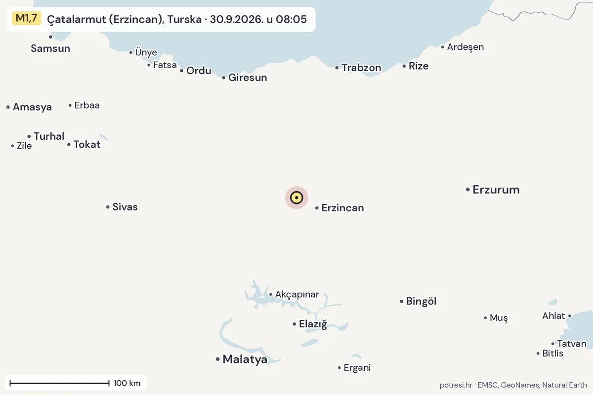 Karta: šire područje, 600 km, potres M1,7, Çatalarmut (Erzincan), Turska, 30.9.2026.
