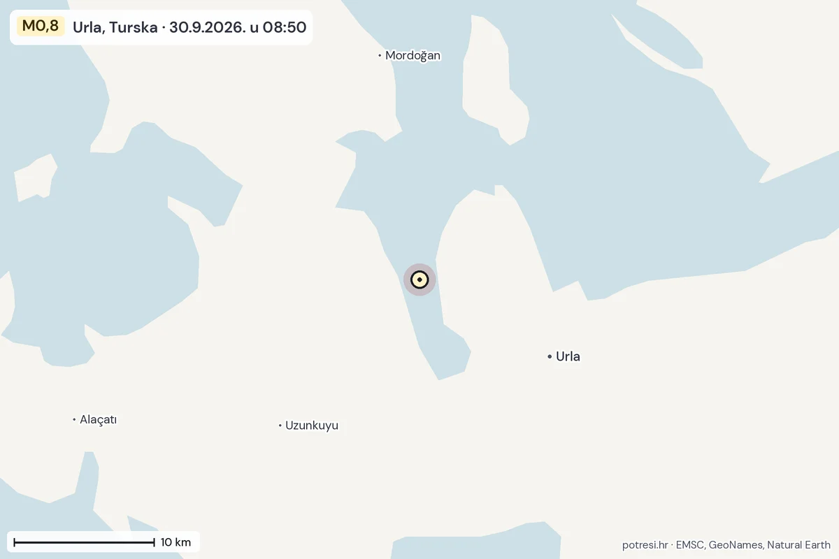 Karta: okolica epicentra, 60 km, potres M0,8, Urla, Turska, 30.9.2026.