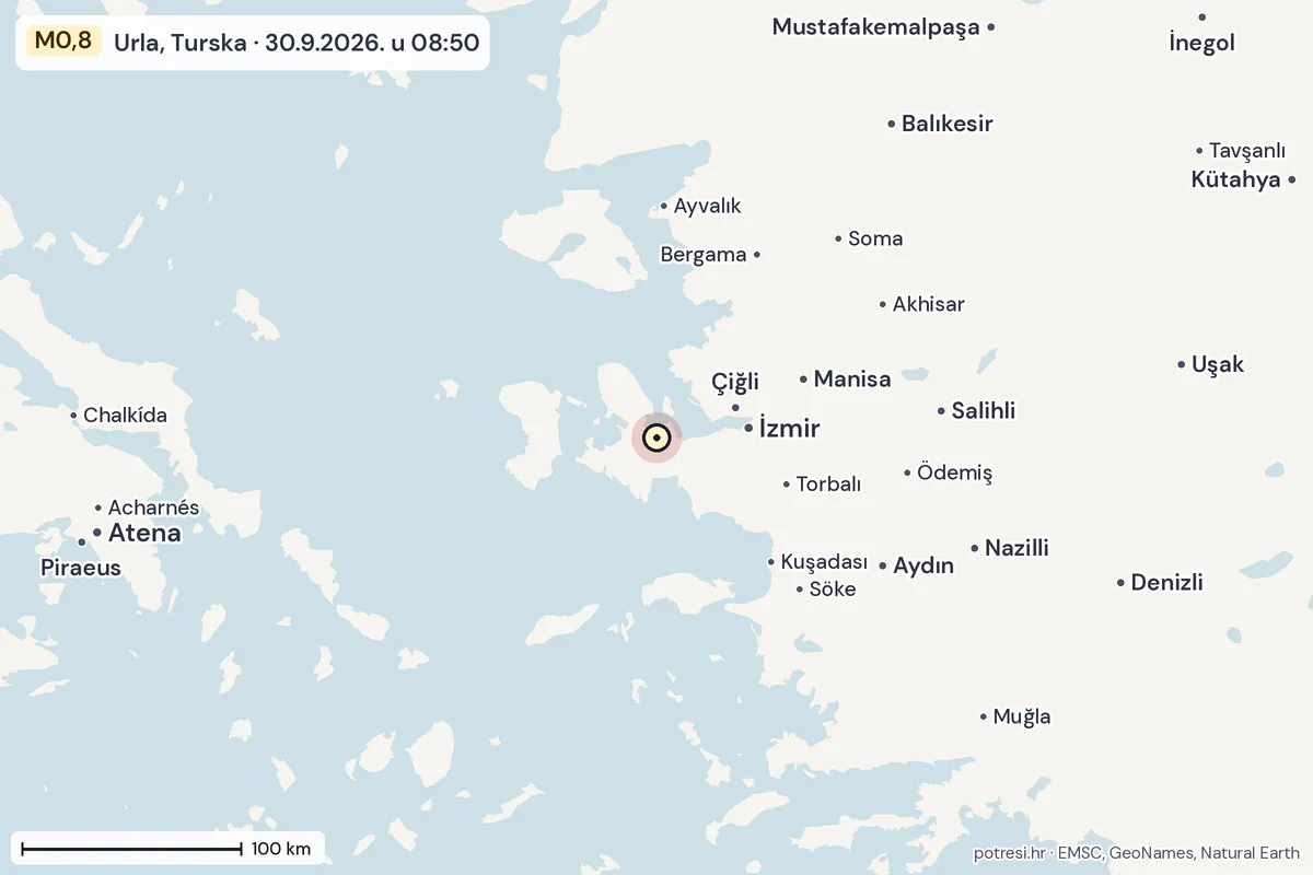 Karta: šire područje, 600 km, potres M0,8, Urla, Turska, 30.9.2026.
