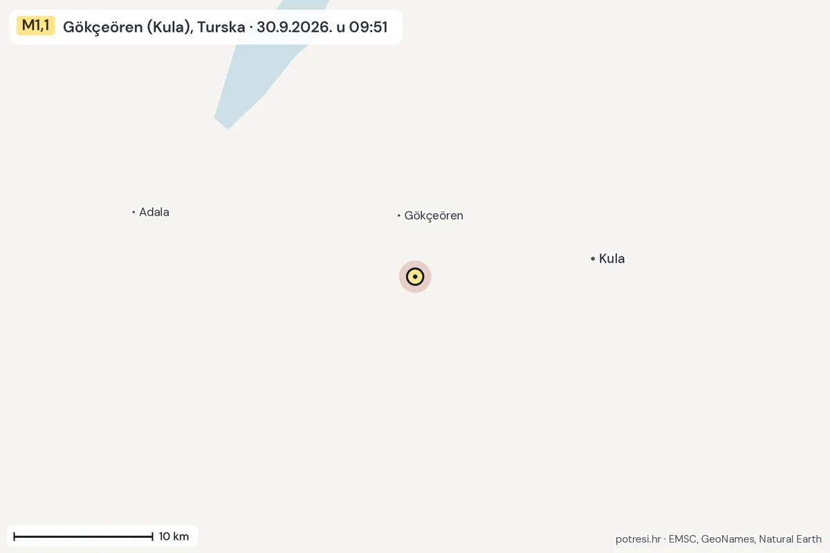 Karta: okolica epicentra, 60 km, potres M1,1, Gökçeören (Kula), Turska, 30.9.2026.