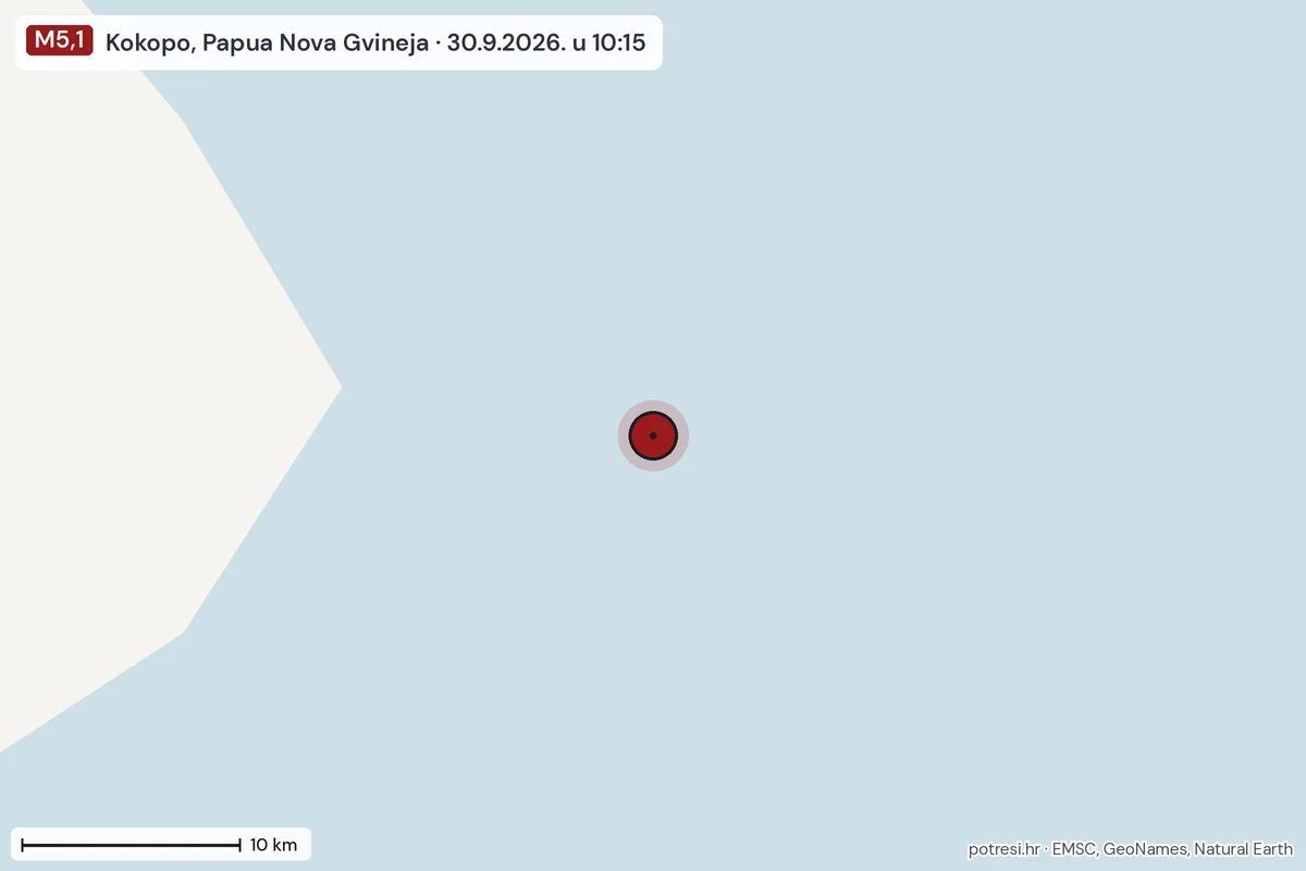Karta: okolica epicentra, 60 km, potres M5,1, Kokopo, Papua Nova Gvineja, 30.9.2026.