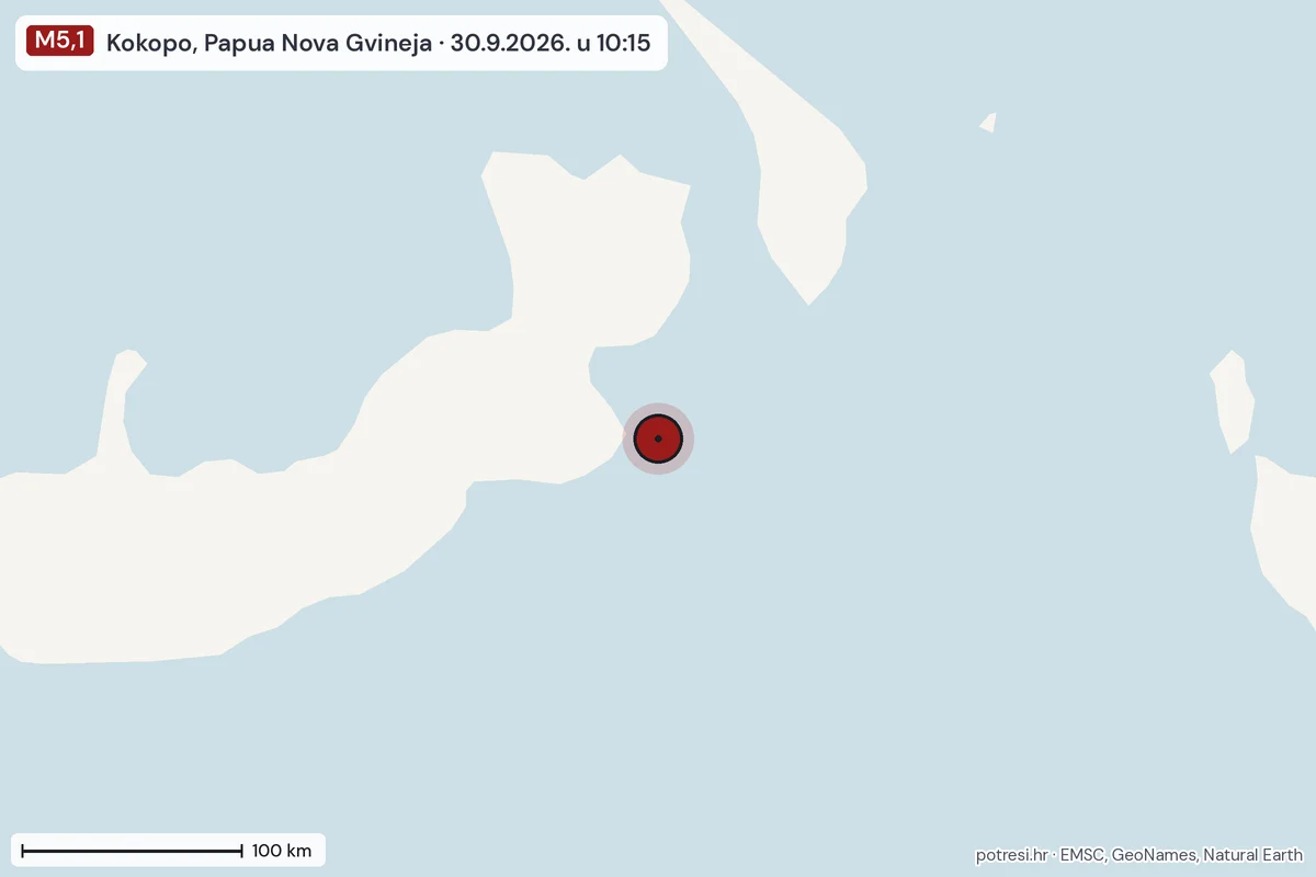 Karta: šire područje, 600 km, potres M5,1, Kokopo, Papua Nova Gvineja, 30.9.2026.