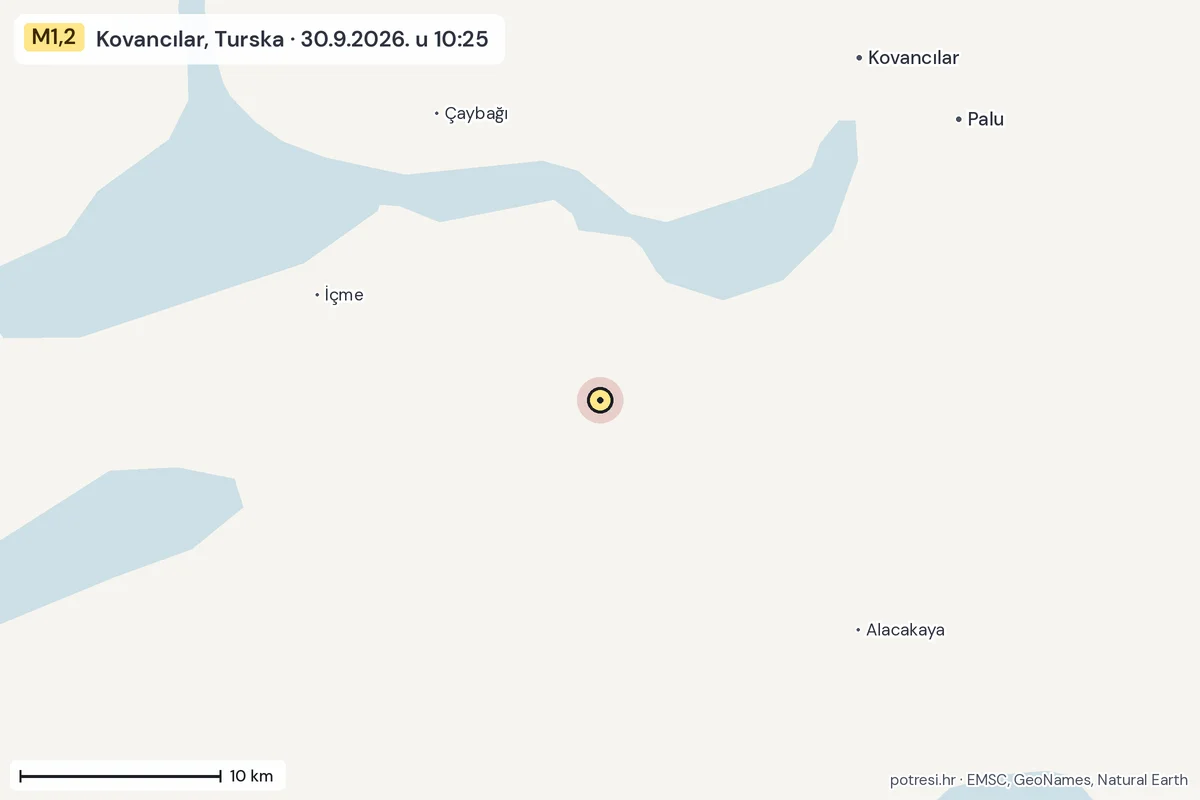 Karta: okolica epicentra, 60 km, potres M1,2, Kovancılar, Turska, 30.9.2026.