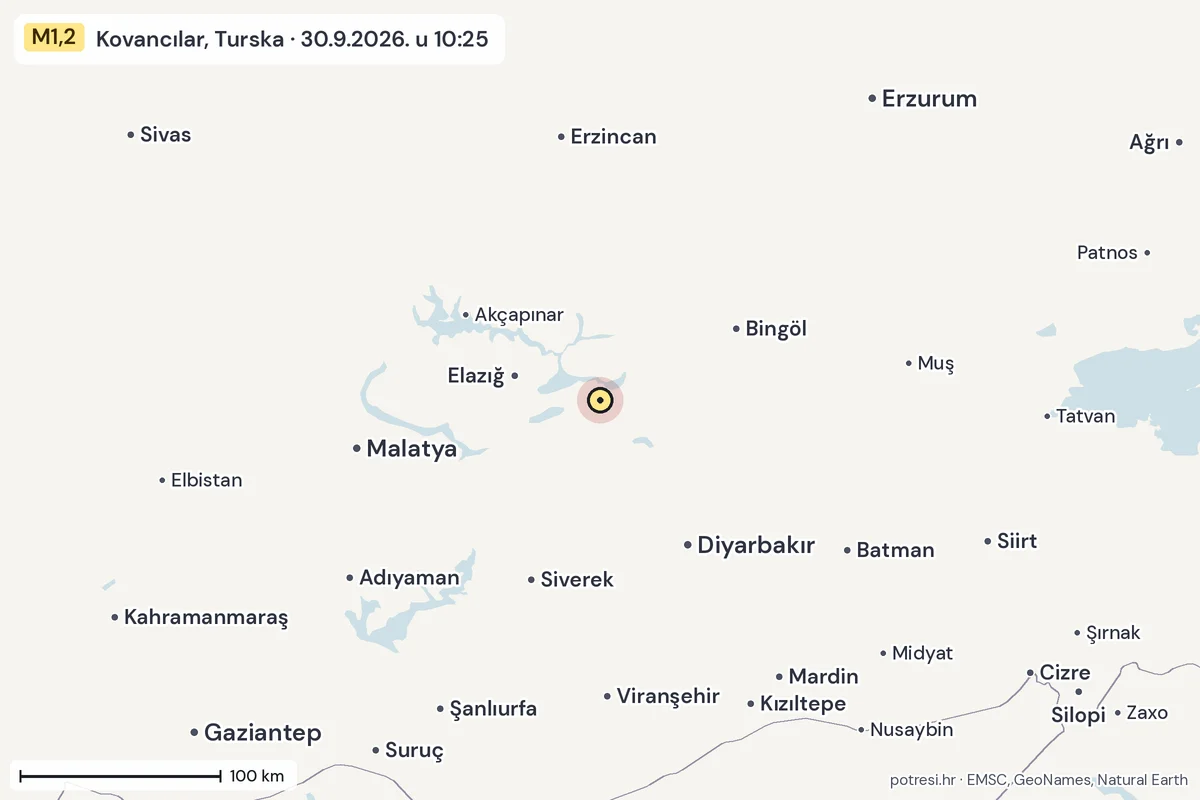 Karta: šire područje, 600 km, potres M1,2, Kovancılar, Turska, 30.9.2026.