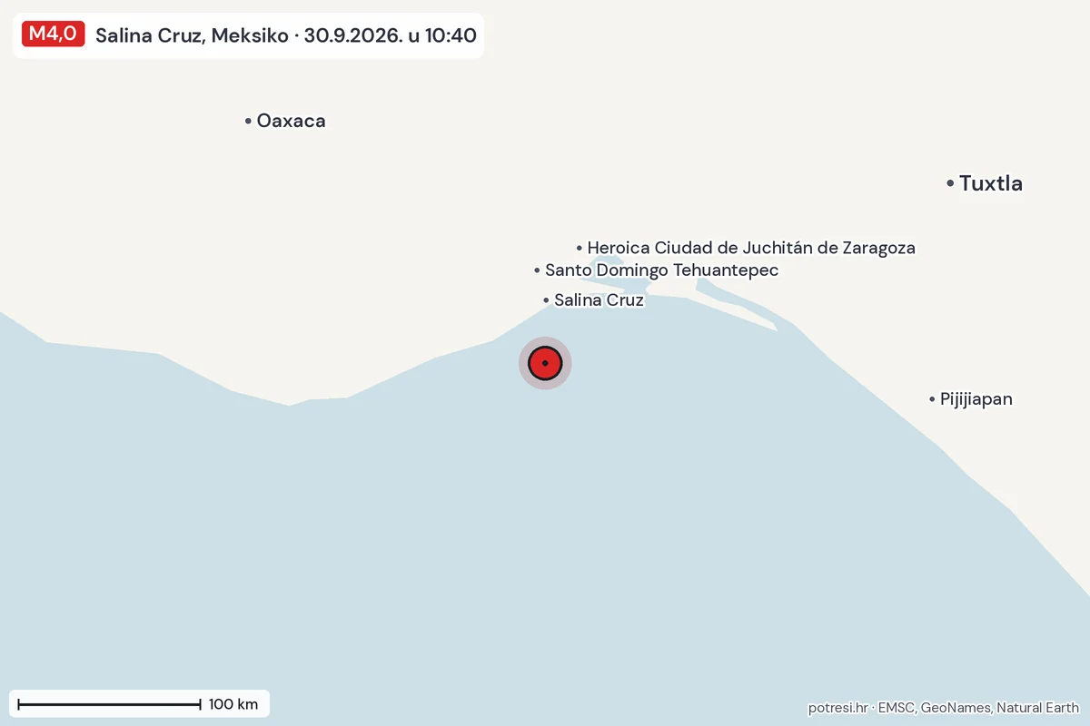 Karta: šire područje, 600 km, potres M4,0, Salina Cruz, Meksiko, 30.9.2026.