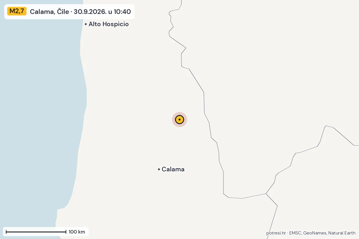 Karta: šire područje, 600 km, potres M2,7, Calama, Čile, 30.9.2026.