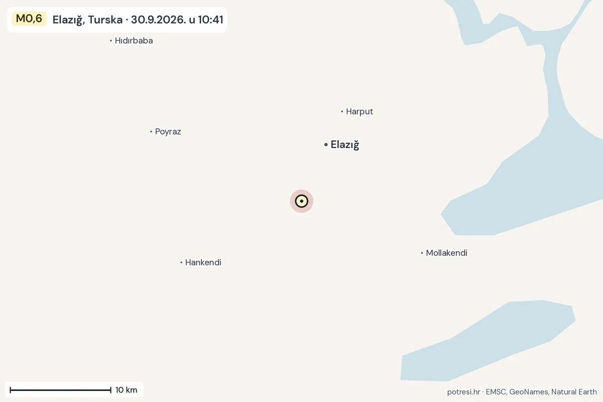 Karta: okolica epicentra, 60 km, potres M0,6, Elazığ, Turska, 30.9.2026.