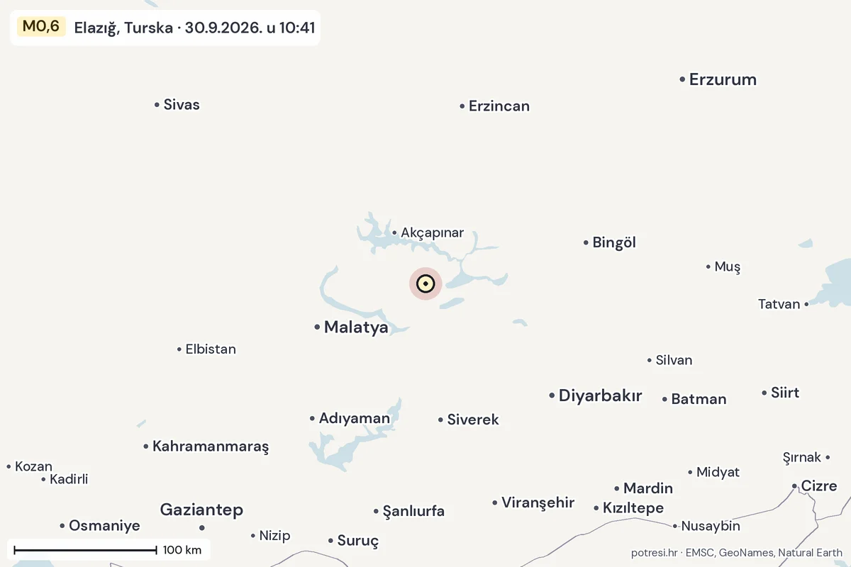 Karta: šire područje, 600 km, potres M0,6, Elazığ, Turska, 30.9.2026.