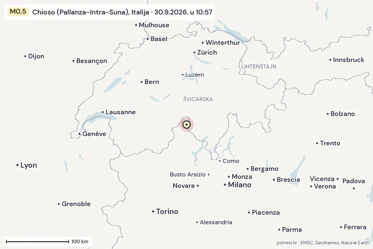 Karta: šire područje, 600 km, potres M0,5, Chioso (Pallanza-Intra-Suna), Italija, 30.9.2026.