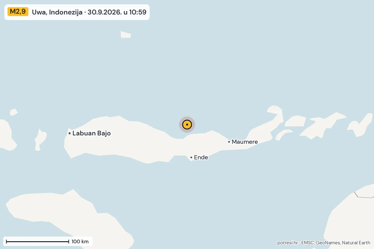 Karta: šire područje, 600 km, potres M2,9, Uwa, Indonezija, 30.9.2026.
